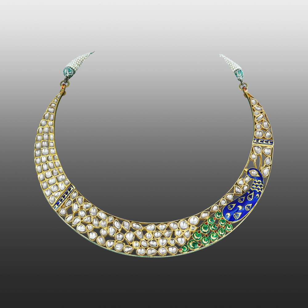 Peacock Motif Polki Hasli with Blue-Green Enamel